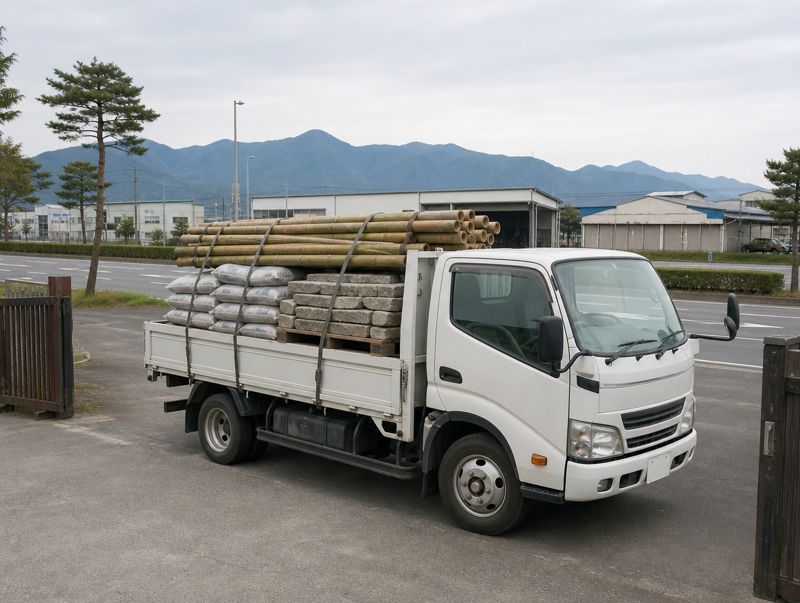 竹材の束と砂利の袋を荷台に積み、荷締めした配送トラック